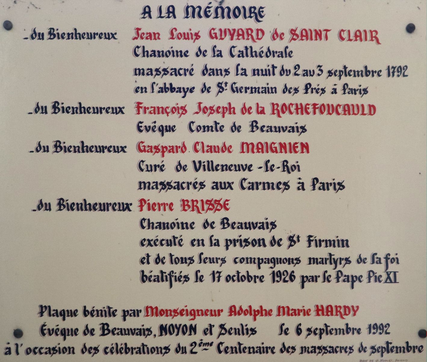 Gedenktafel in der Kathedrale in Noyon