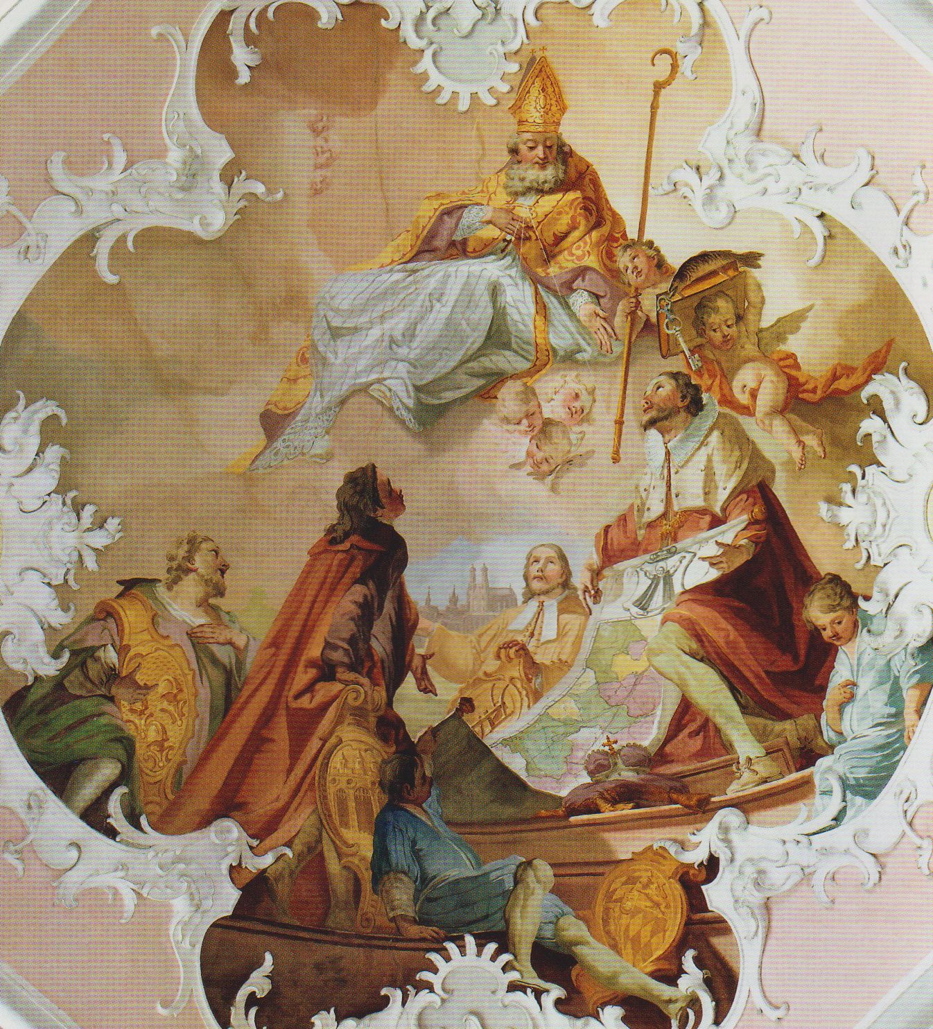 Matthäus Günther: der bayerische Kurfürst und die Stände huldigen Landespatron Benno, um 1750, Deckenfresko in der Stiftskirche in Rottenbuch bei Schongau