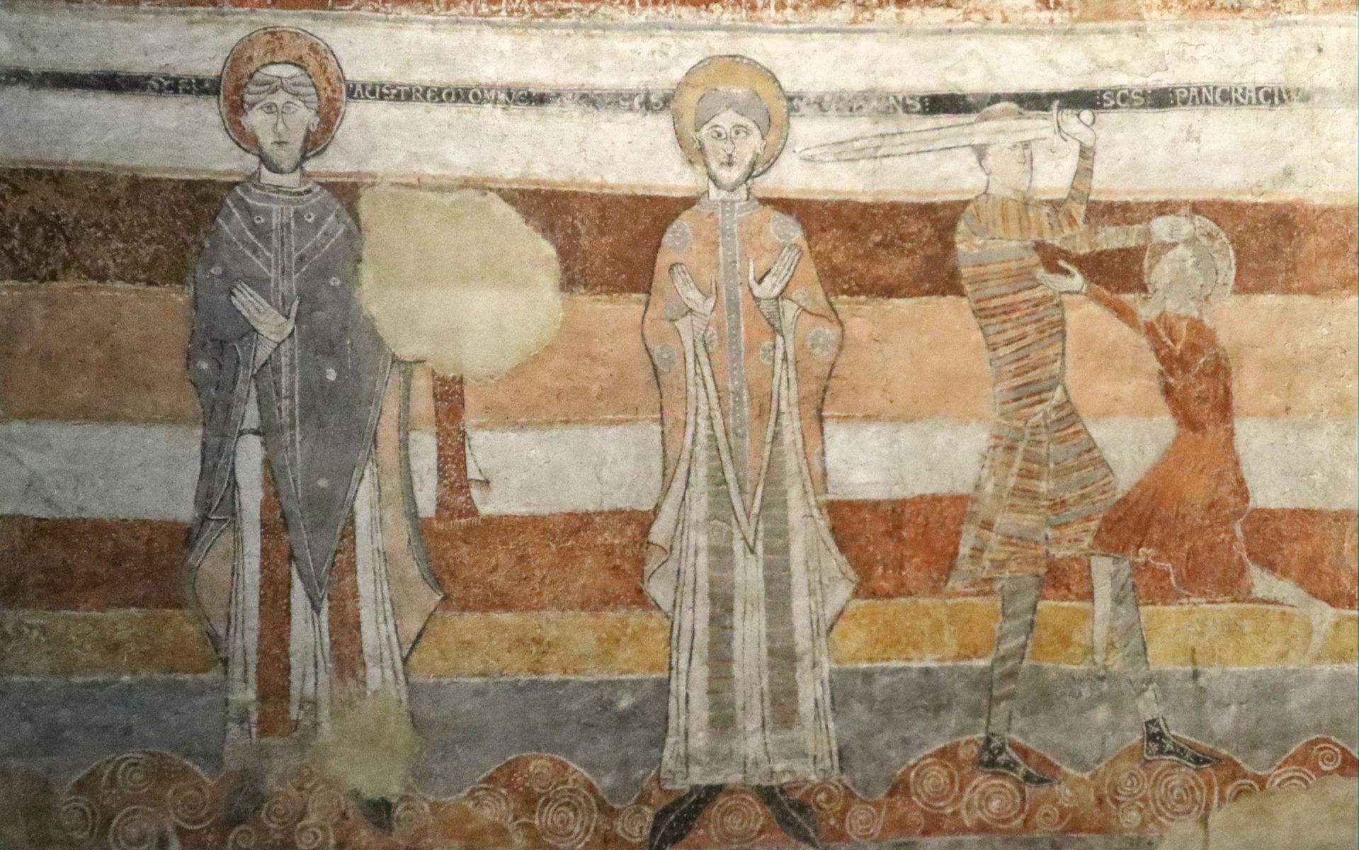 Fresko: Bischof Austremonius von Clermont(links), Papst Clemens und das Martyrium des Pankratius (rechts), 12. Jahrhundert, in der Kirche Saint-Léger in Ébreuil bei Vichy in Frankreich