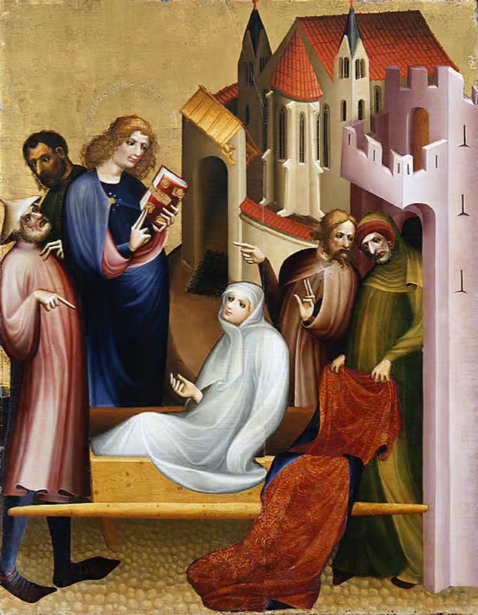 Altarbild: die Auferweckung der Drusiana durch Johannes, am Hochaltar der ehemaligen Augustinerkirche in München, heute im Bayerischen Nationalmuseum in München