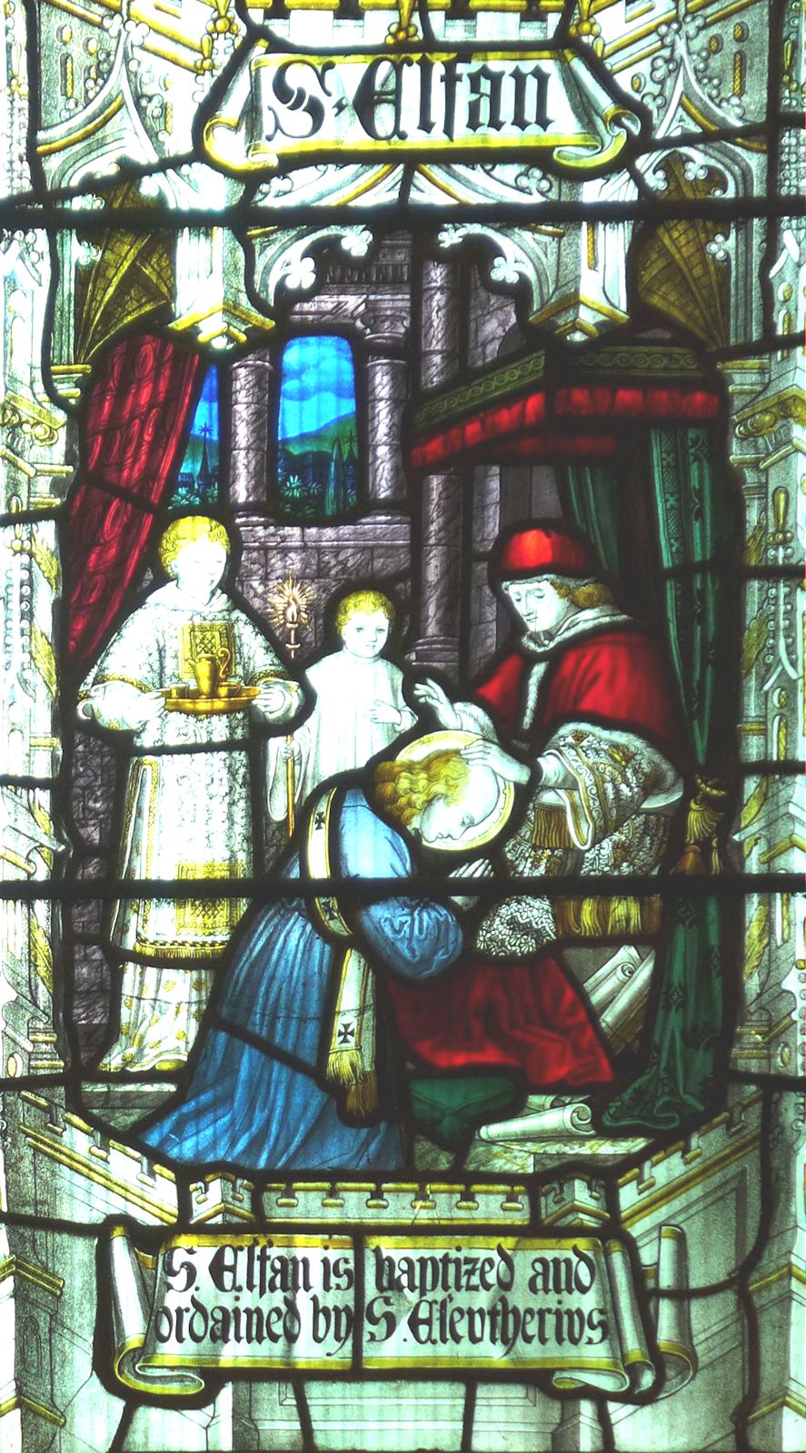 Glasfenster: Eleutherius tauft Elfan, den Gesandten des Königs Lucius, in der Kathedrale in Llandaff, dem Stadtteil in Cardiff in Wales