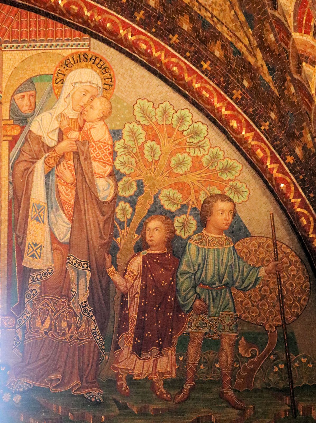 August Oetken: Elisabeth muss mit ihren Kindern die Wartburg verlassen, Mosaik, um 1904, in der Elisabeth-Kemenate auf der Wartburg