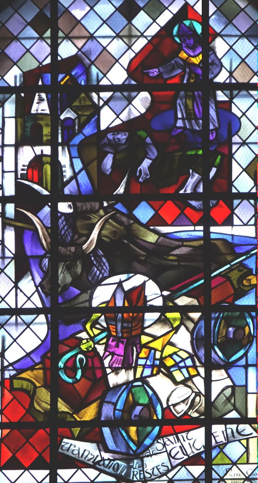 Glasfenster: die Übertragung von Eugens Gebeinen, in der Pfarrkirche in Deuil-la-Barre