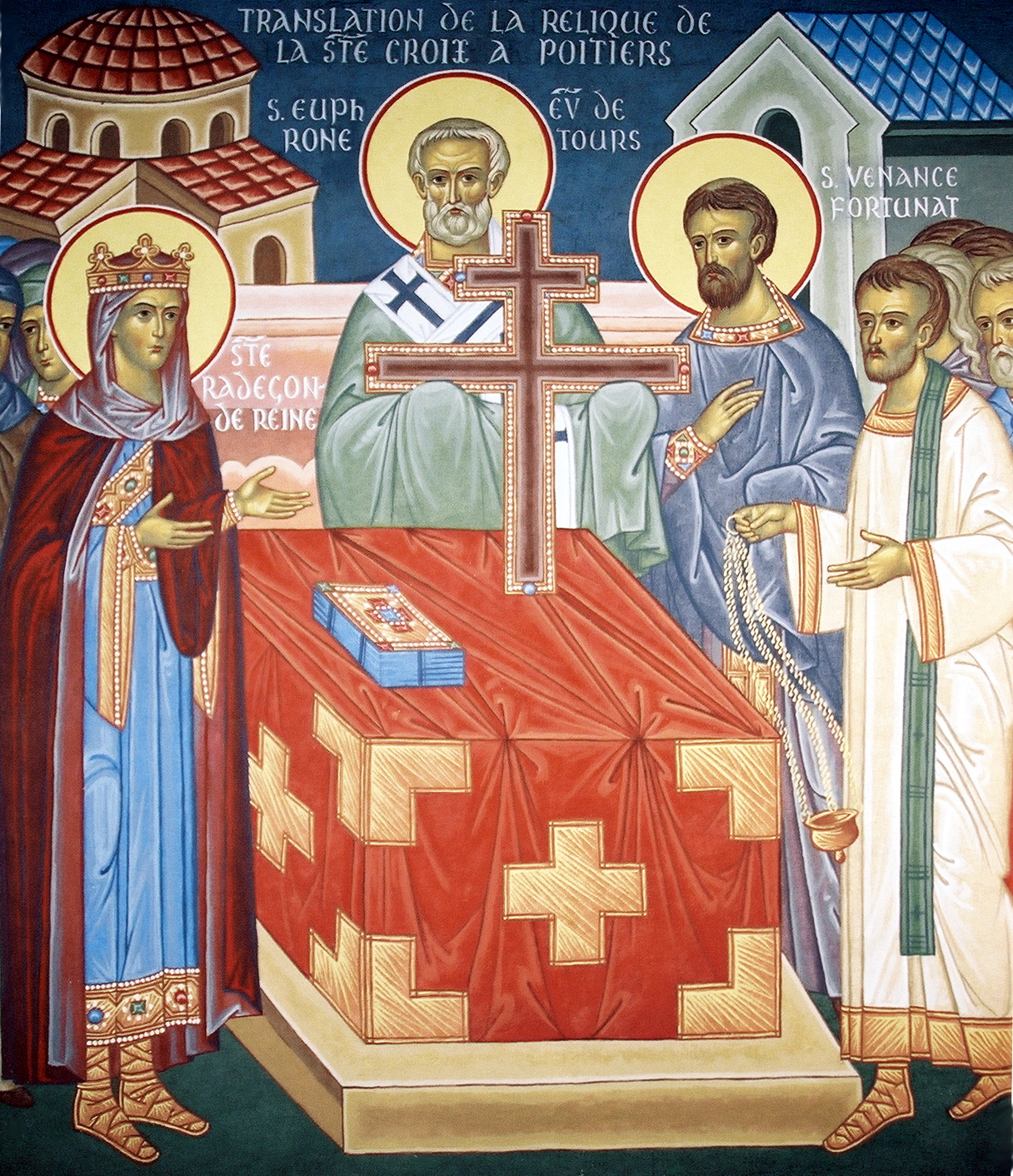 Yaroslav und Galina Dobrynin: Die Übertragung der Kreuzesreliquie mit Radegund von Thüringen (links), Euphronius (Mitte) und Venantius Fortunatus, Fresko, 1993 bis 1997, im orthodoxen Kloster Saint-Antoine-le-Grand in Saint-Laurent-en-Royans
bei Die