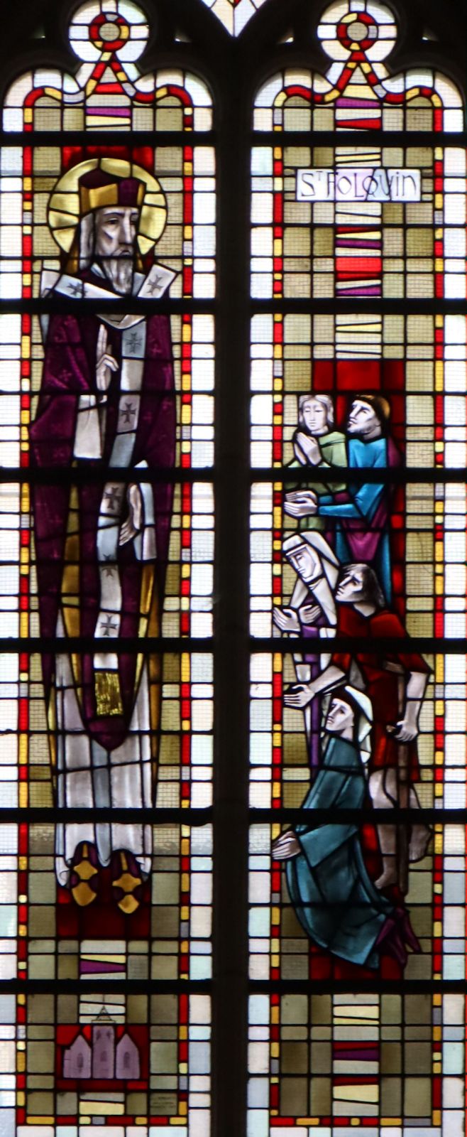 Glasfenster: Folkwin und Frauen mit Kinderwusch, in der Pfarrkirche in Esquelbecq