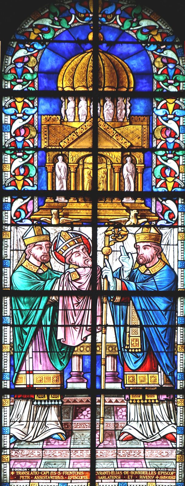 Édouard Didron: die Übertragung von Frontos Kopfreliquie durch Bischof == Elias von Bourdeilles, Glasfenster, 1873, in der Kathedrale Saint-Front in Périgueux