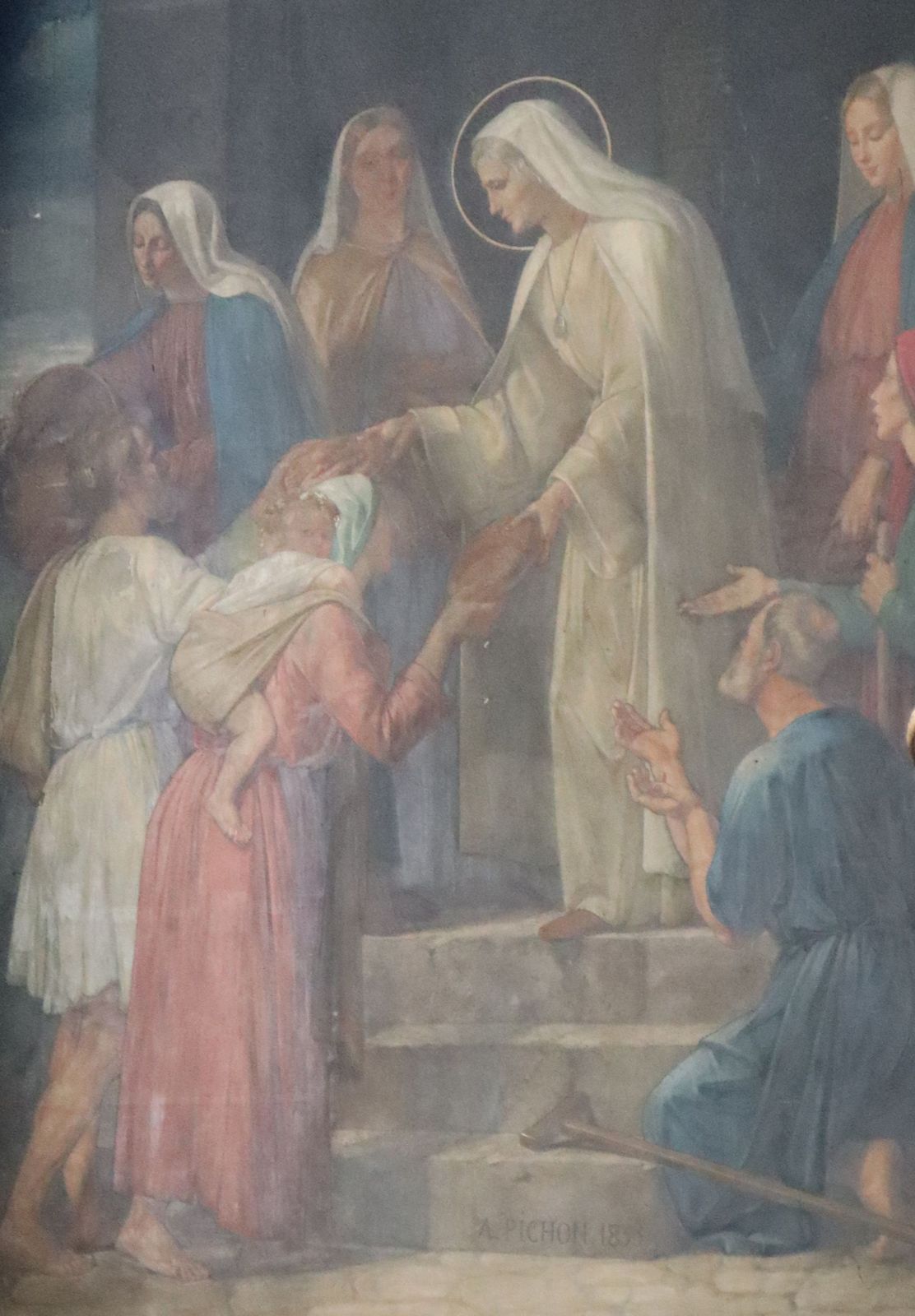 Auguste Pichon: Genoveva heilt ihre erblindete Mutter, Wandmalerei, 1851, in der Kirche Saint-Eustache in Paris