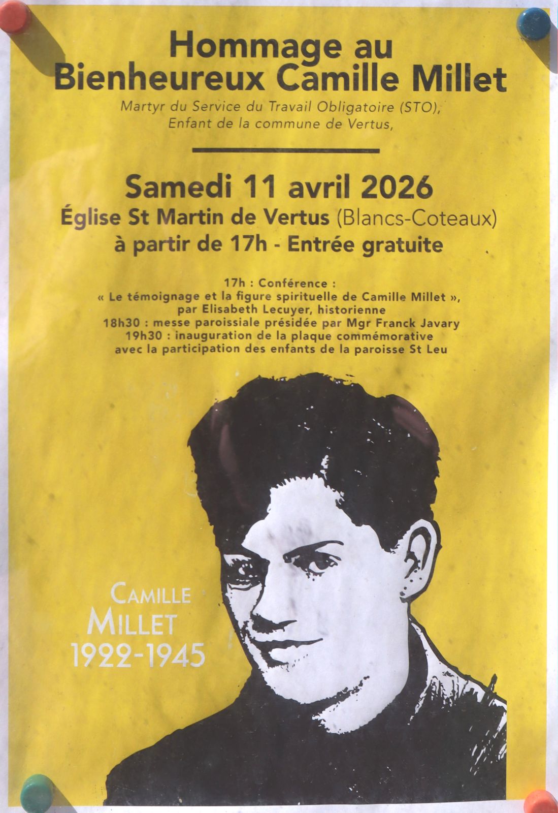 Plakat für eine Veranstaltung über Camille Millet an der Pfarrkirche in Vertus