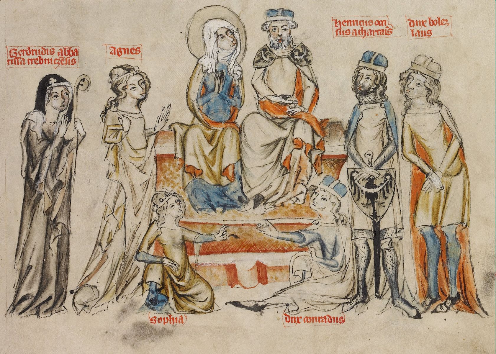 Werkstatt des Herzogs Ludwig I. von Liegnitz and Brieg: Heinrich und Hedwig mit ihren Kindern, ganz links Gertrud, 1353, im Getty Museum in Los Angeles