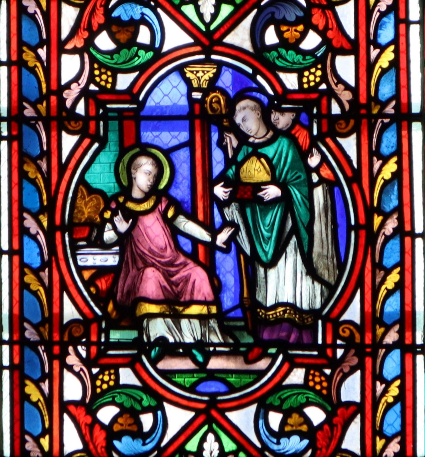 M. Valentin: Gilduin lehnt das Amt des Erzbischofs ab, Glasfenster, 1859, in der Kathedrale in Dol-de-Bretagne