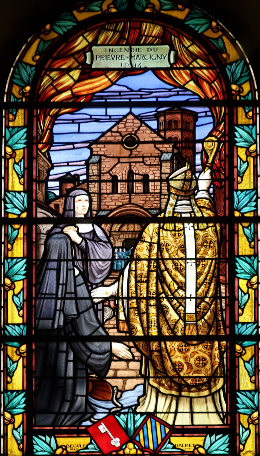 Joseph-Émile Bégule und Louis Balmet: Gisela wird von Hugo I. von Cluny eingesegnet, Glasfenster, in der Kirche Saint-Nicolas des ehemaligen Priorats Sainte-Trinité in Marcigny