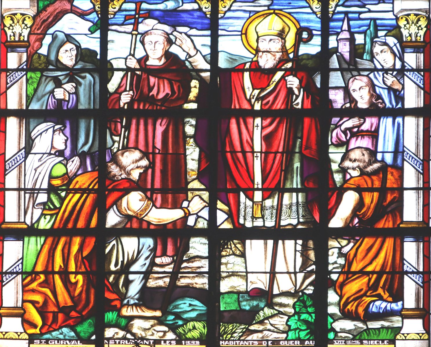 Glasfenster: Gurval predigt in Guer, in der Gurval geweihten Kirche in Guer