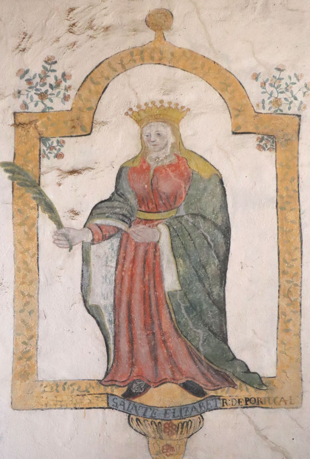 Wandbild einer Königin in der Pfarrkirche in Argol, hier nicht als Gwenivar, sondern als Elisabeth von Portugal bezeichnet