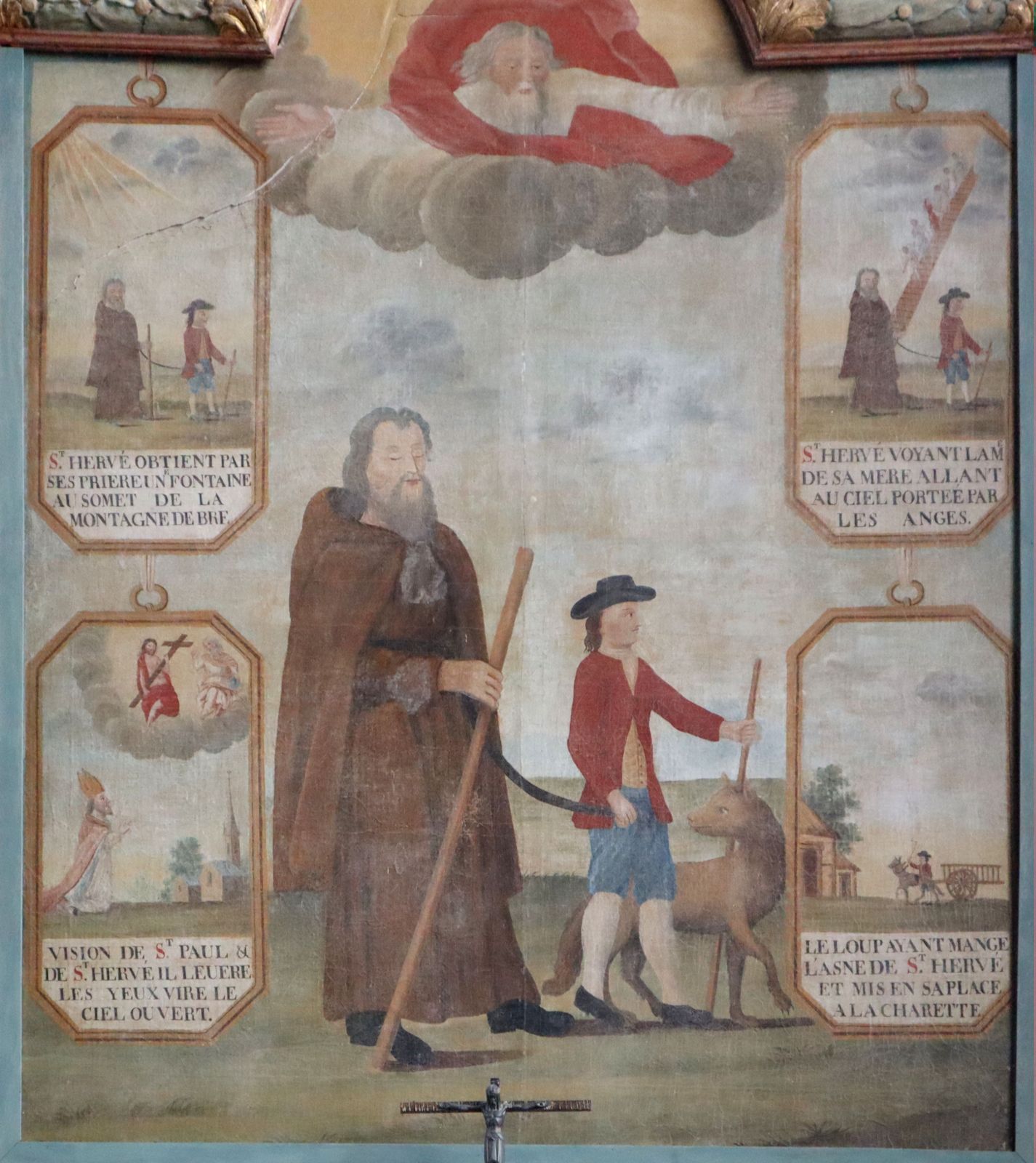 Altarbild mit Szenen aus Herveus' Leben: Er lässt auf dem Berg Menez Bré eine Quelle entspringen (links oben), sieht die Seele seiner Mutter in den Himmel steigen (rechts oben), sieht zusammen mit Bischof Paulus Aurelianus< den Himmel offen (links unten), befiehlt dem Wolf, seinen Wagen zu ziehen (rechts unten), in der Kirche in Locmélar bei Quimper