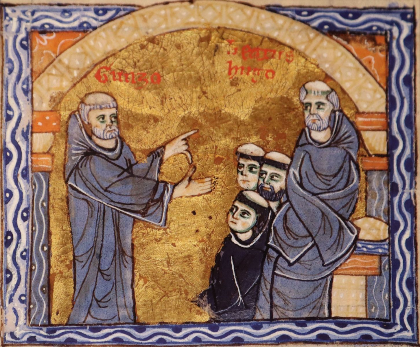 Buchmalerei: der Mönch Gunzo erläutert Hugo (rechts) den Plan für den Bau der dritten Abteikirche in Cluny. Aus den „Miscellanea secundum usum ordinis Cluniacensis”, um 1300, in der Bibliothèque Nationale de France in Paris