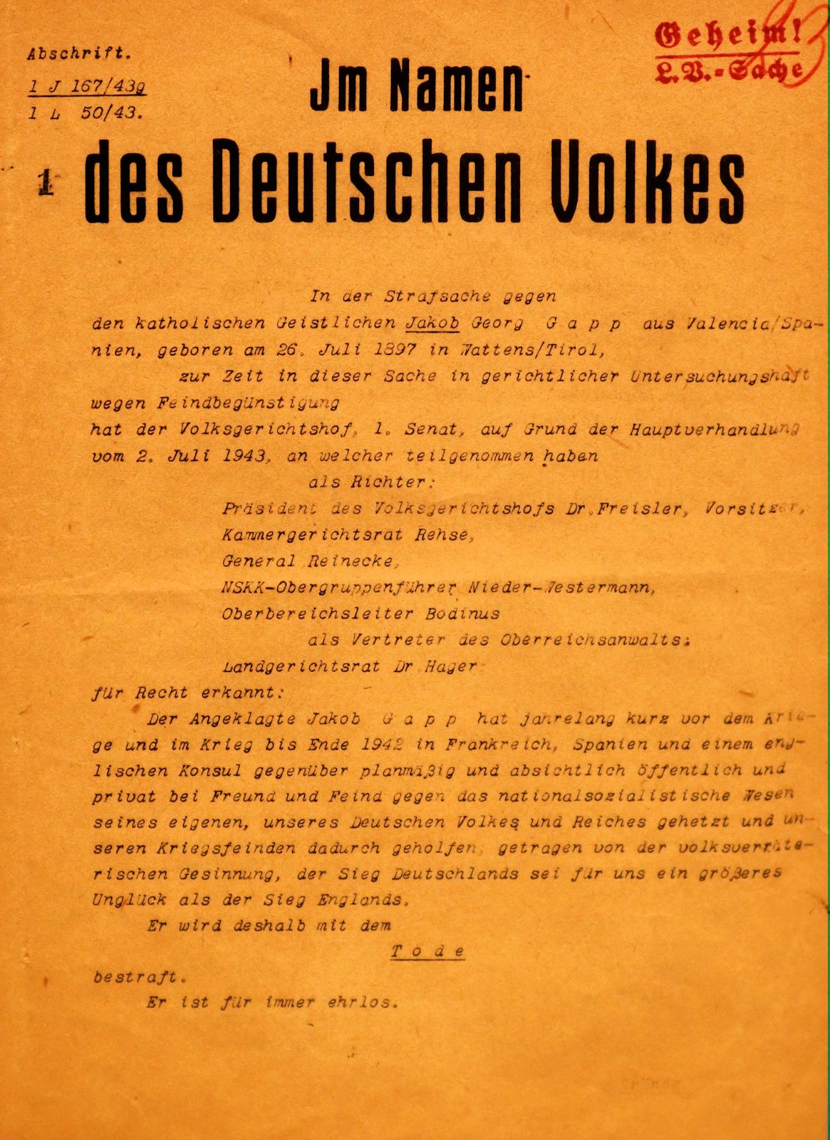 Kopie des Todesurteils, in der Gedenkstätte Plötzensee in Berlin