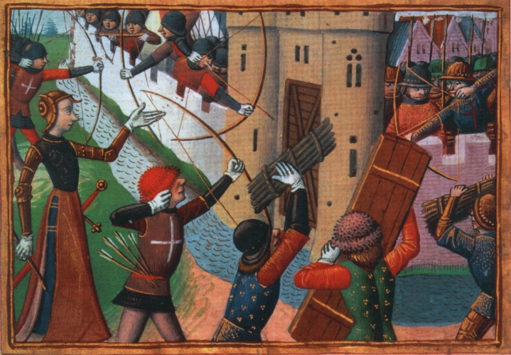 Buchmalerei: Jeanne d'Arc bei der Belagerung von Paris, um 1484, aus: Martial d'Auvergne: „Les Vigiles de Charles VII”