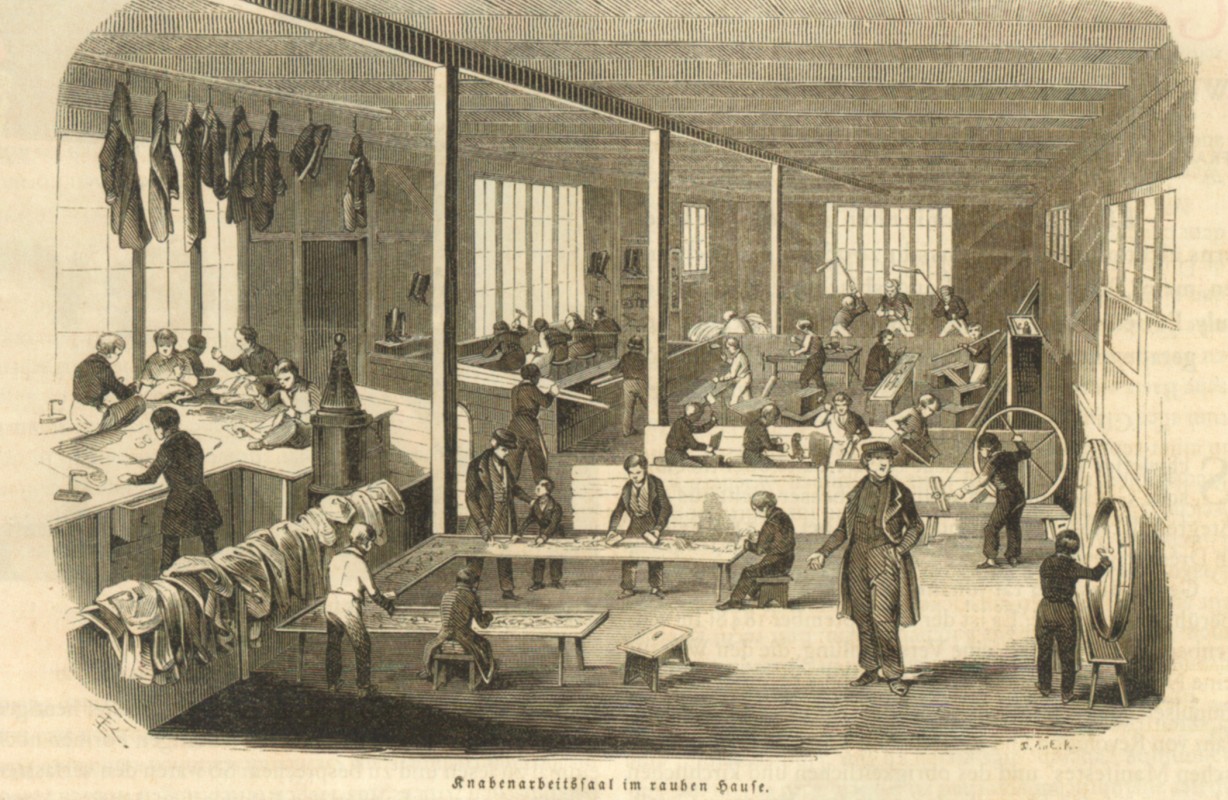 Lithografie: Arbeit im „Handwerkerhaus” beim „Rauhen Haus”, im Archiv der Stiftung Rauhes Haus in Hamburg