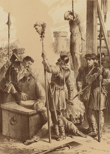 James Thompson: Die Hinrichtung von John Amias und Robert Dalby. Aus: Bishop Challoner: Memoirs of missionary priests, and other Catholics of both sexes … Mark Wardle, Manchester 1803