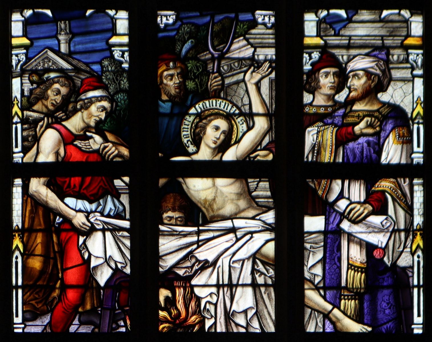 Glasfenster: Laurentius' Begräbnis, um 1910, in der Kirche St. Cyriacus in Duderstadt