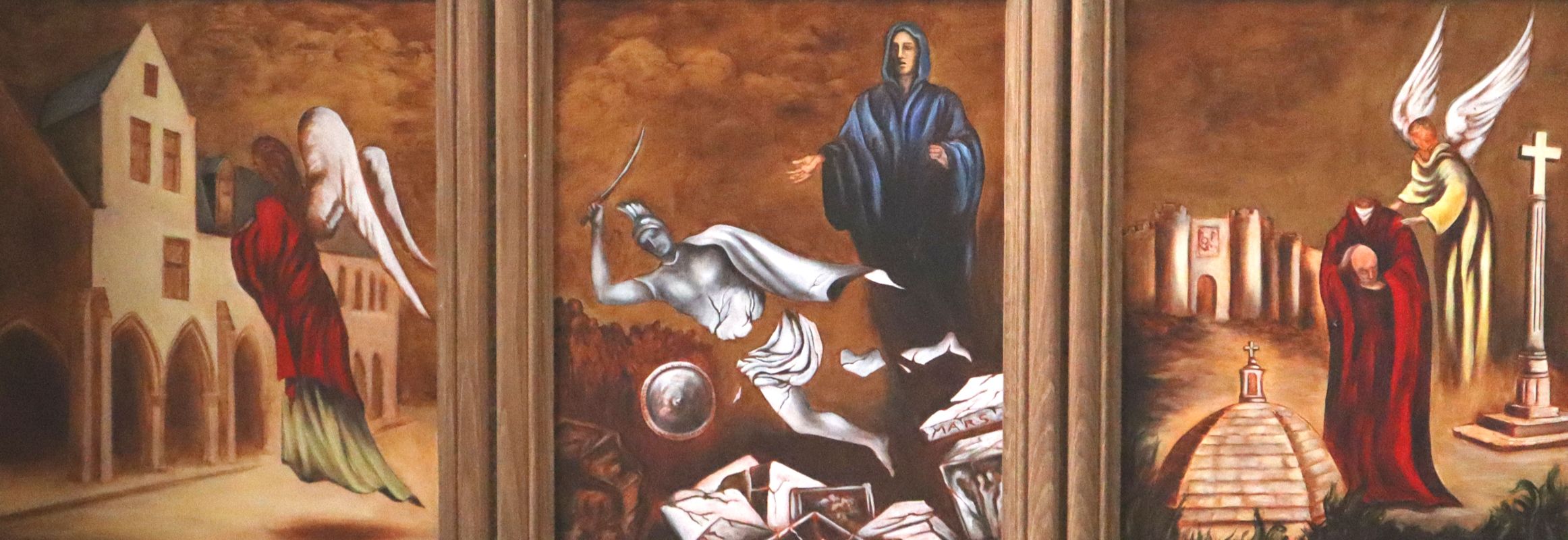 Agnès Hemery: Leos Geburt, Leo stürzt den Götzen, Leos Martyrium, Predella, um 2025, in der Pfarrkirche in Carentan