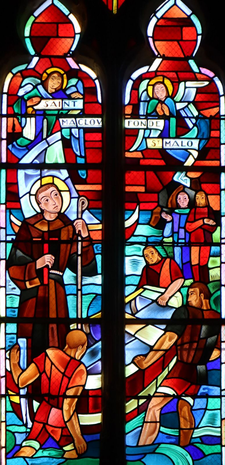 Jacques Avoine: Maclovius gründet Aleth / Saint-Malo, Glasfenster, 1951, in der Kirche Saint-Maclou in Conflans-Sainte-Honorine