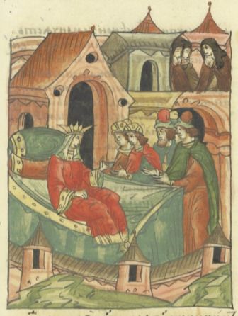 Buchmalerei: Maria Shvarnovna auf dem Sterbebett, 1568, in: Illustrierte Chronik Iwans des Schrecklichen