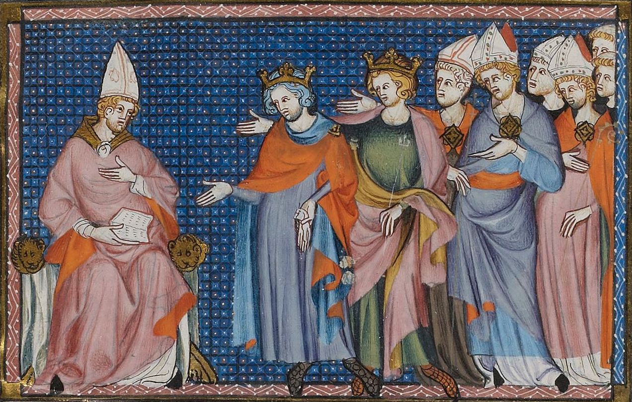 Buchmalerei: die Könige Philipp III. von Frankreich und Karl I. von Neapel bitten Martin um die Heiligsprechung von König Ludwig IX. von Frankreich, um 1335, Vie et miracles de saint Louis in der Bibliothèque nationale de France in Paris