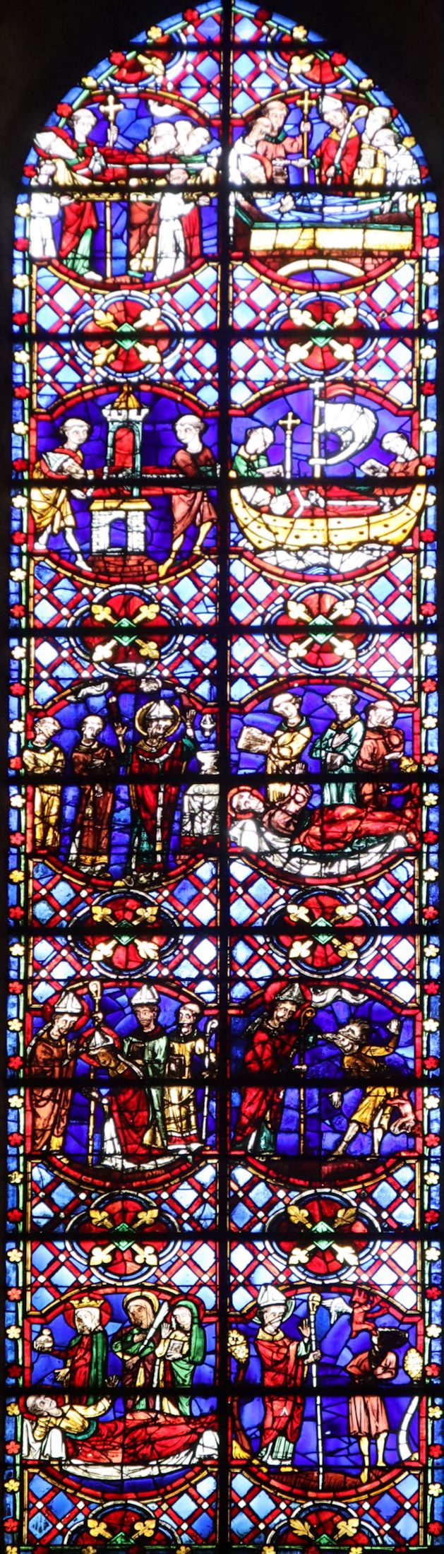Glasfenster: Szenen aus Martins Leben, um 1300, in der Kathedrale in Tours