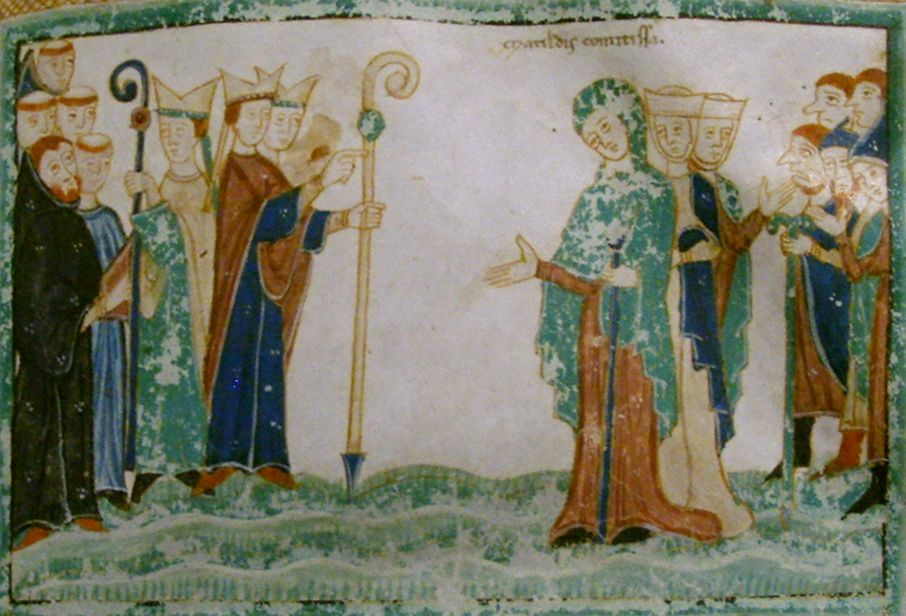 Buchmaleri: Mathilde vor dem Bischof von Modena, frühes 12. Jahrhundert, im Kapitulararchiv in Modena