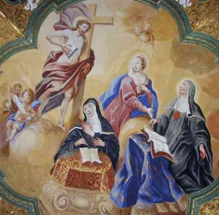 Innocenz Waräthi: Mechthild (Mitte unten) und Gertrud von Helfta, Deckenfresko, um 1720, in der Bibliothek des Klosters Metten bei Deggendorf