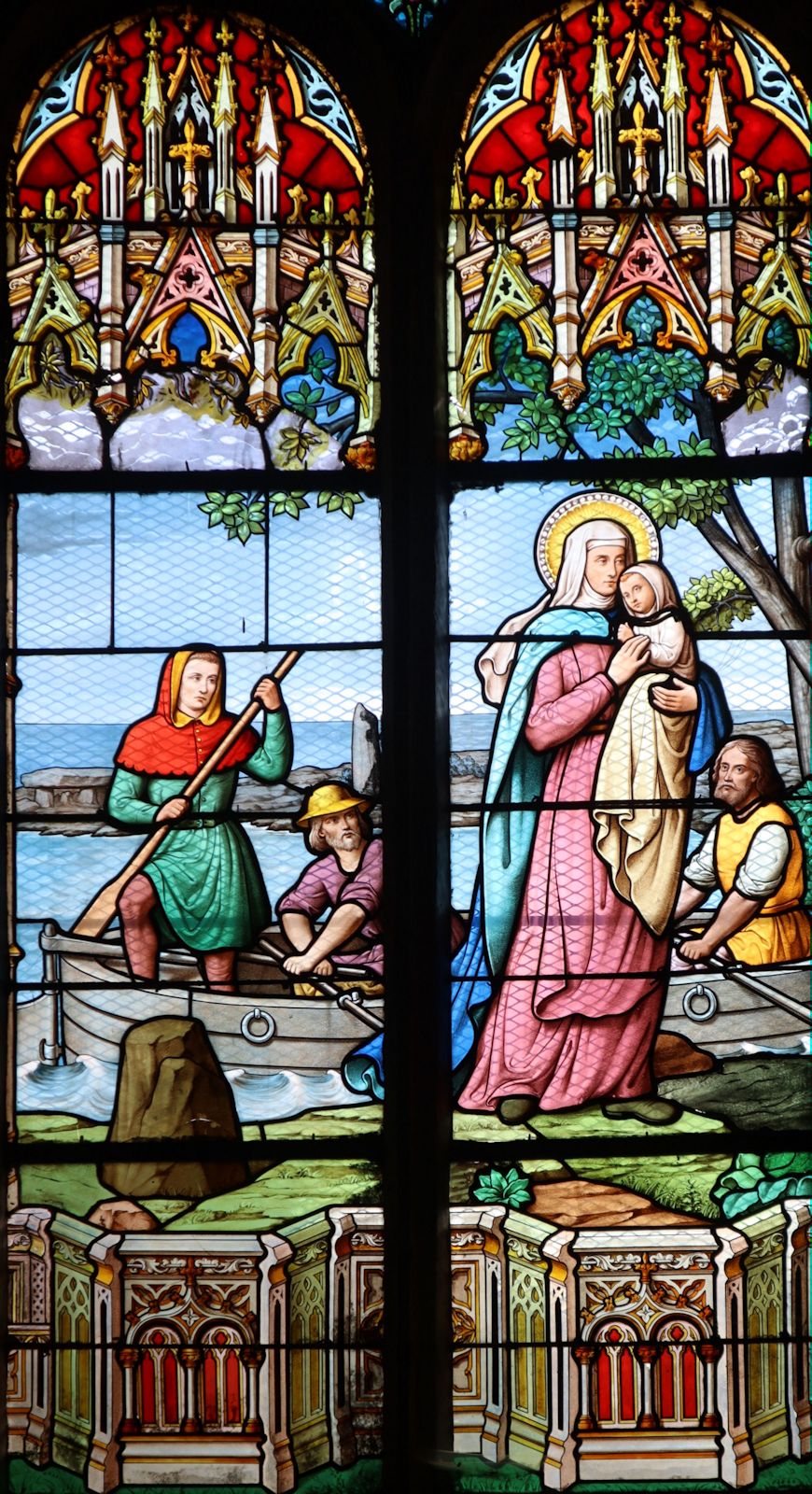 Glasfenster: Nonnas Ankunft in der Bretagne, in der Kirche in Dirinon
