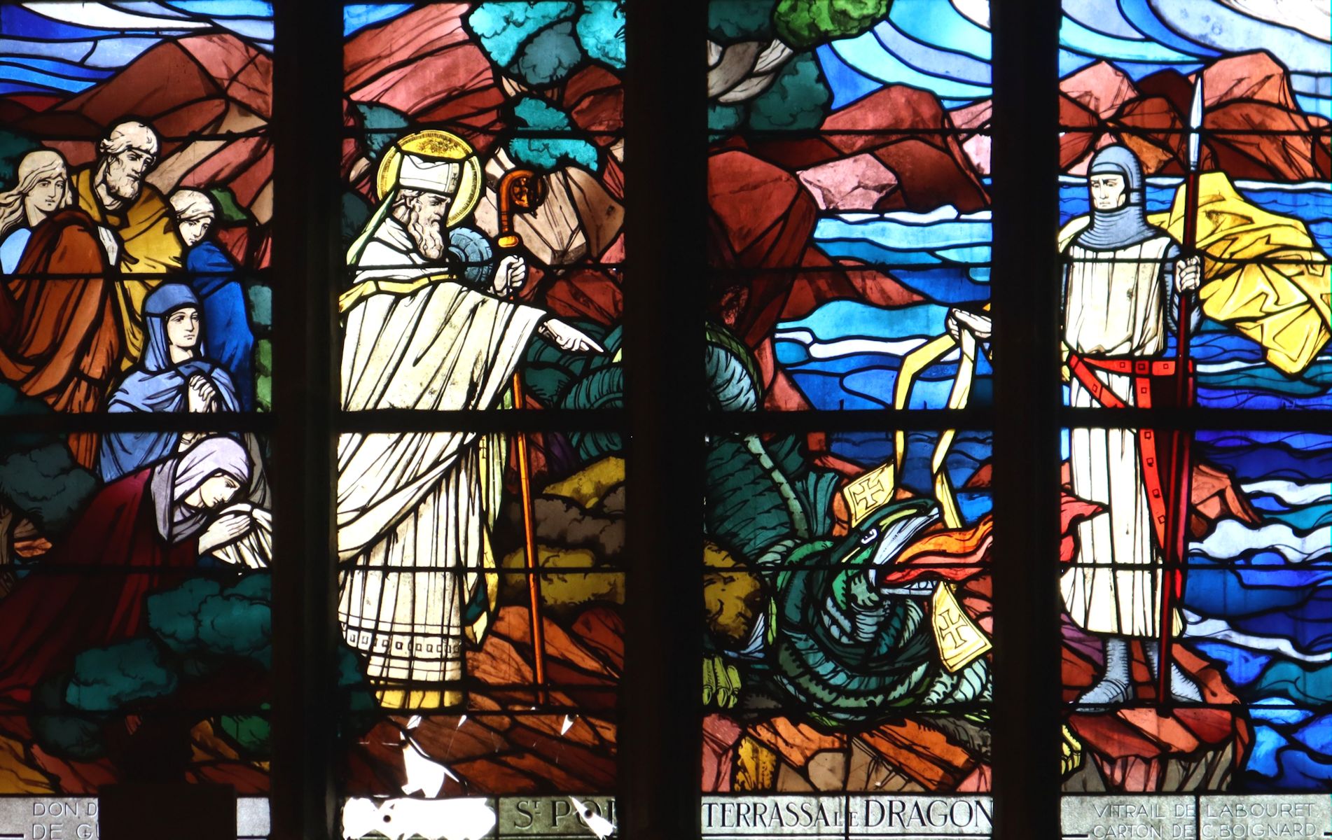 Glasfenster: Paulus bekämpft den Drachen, 1867, in der Kathedrale in Saint-Pol-de-Léon