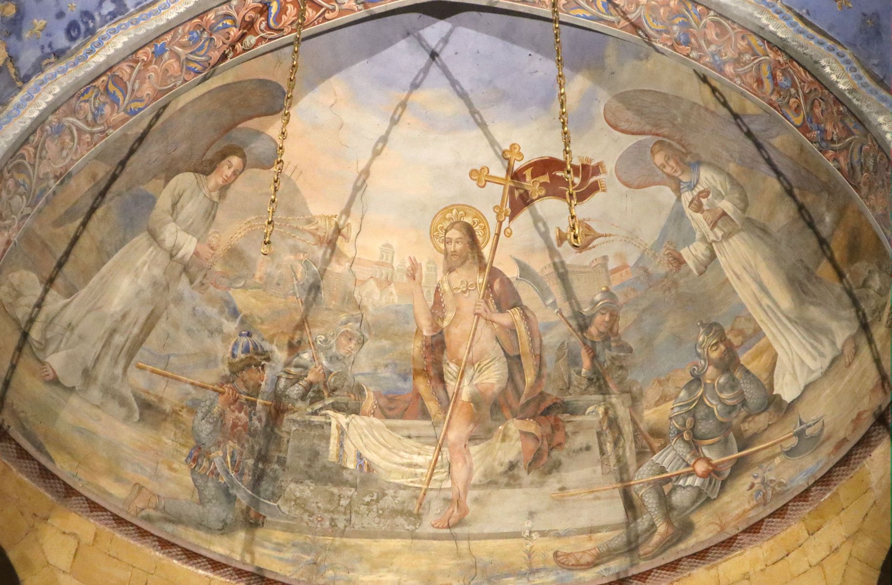Apsisfresko: Christi Auferstehung und das Leichentuch, um 1600, in der Kirche des ehemaligen Klosters in Cadouin