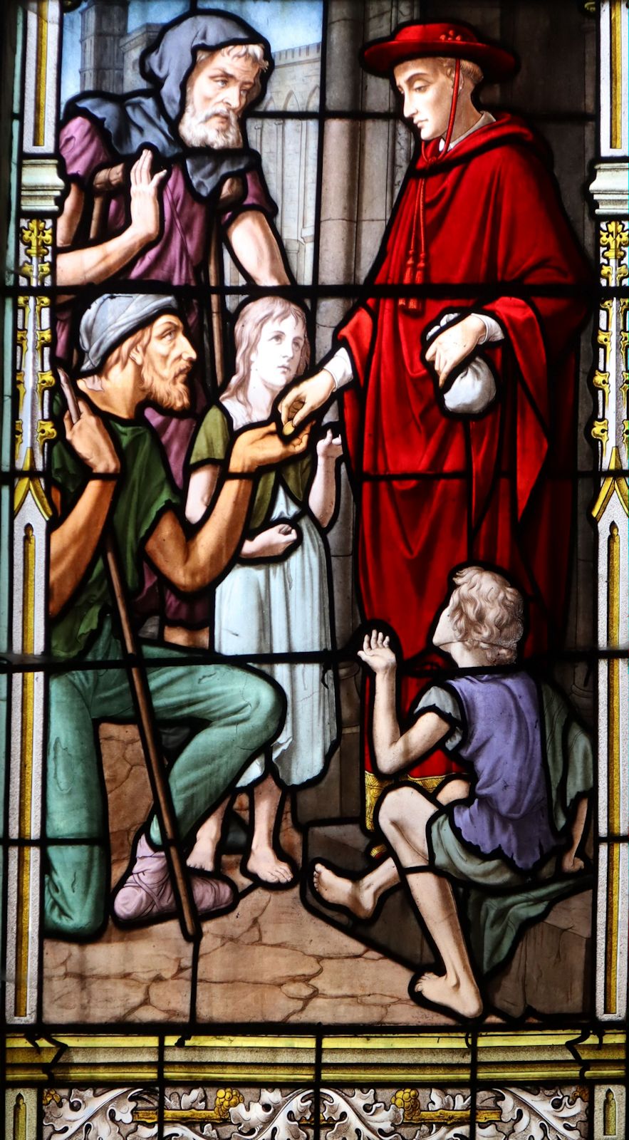 Petrus als Kardinal, Almosen verteilend, Glasfenster, 16. Jahrhundert, in der Pfarrkirche in Ligny-en-Barrois