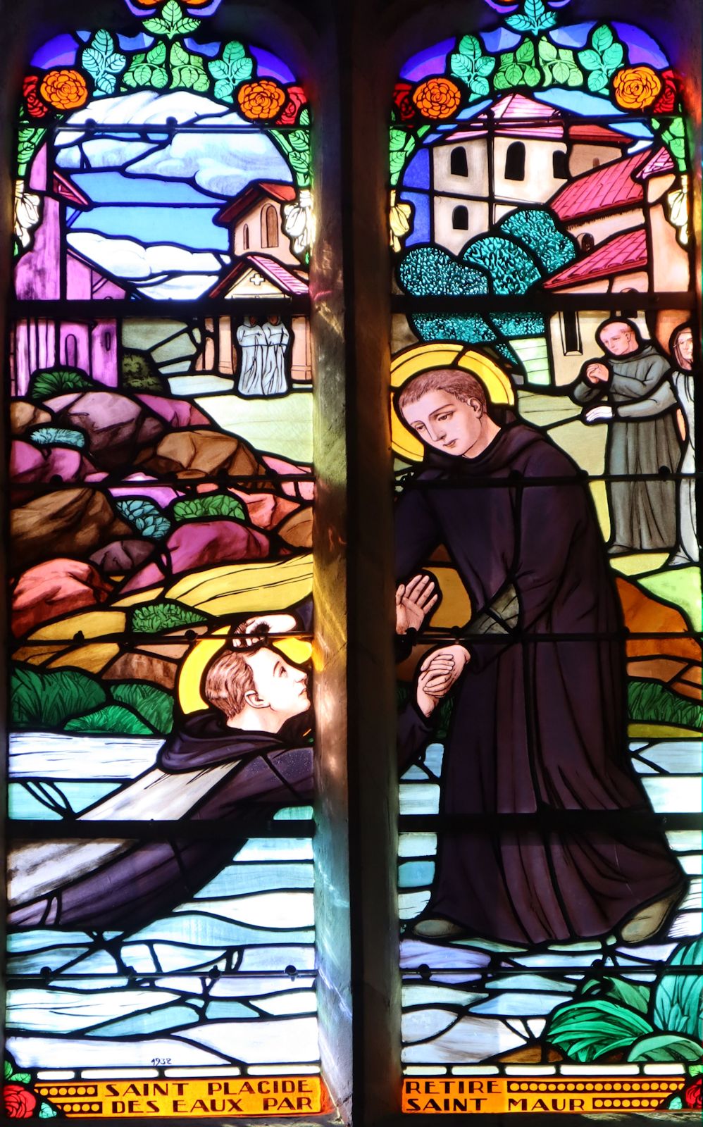 Glasfenster: Maurus rettet Placidus aus dem Wasser, in der Klosterkirche in Saint-Saveur-le-Vicomte