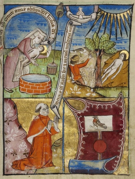 Illustration, um 1450: die Amme (oben links), der Bodenschütze (oben rechts) und ein betender Mönch an Roberts Grab