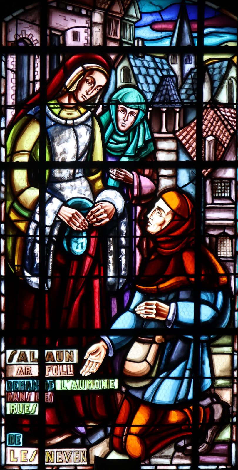 Glasfenster: Salomon beim Almosensammeln, in der Kirche in Lesneven