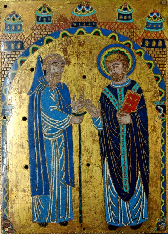 emailierte Kupferplatte: Stephan von Muret (rechts) mit seinem Schüler Hugo von Lacerta, 1189/1190  gefertigt für die ehemalige Abtei Grandmont., jetzt im Nationalmuseum des Mittelalters im Hôtel de Cluny in Paris