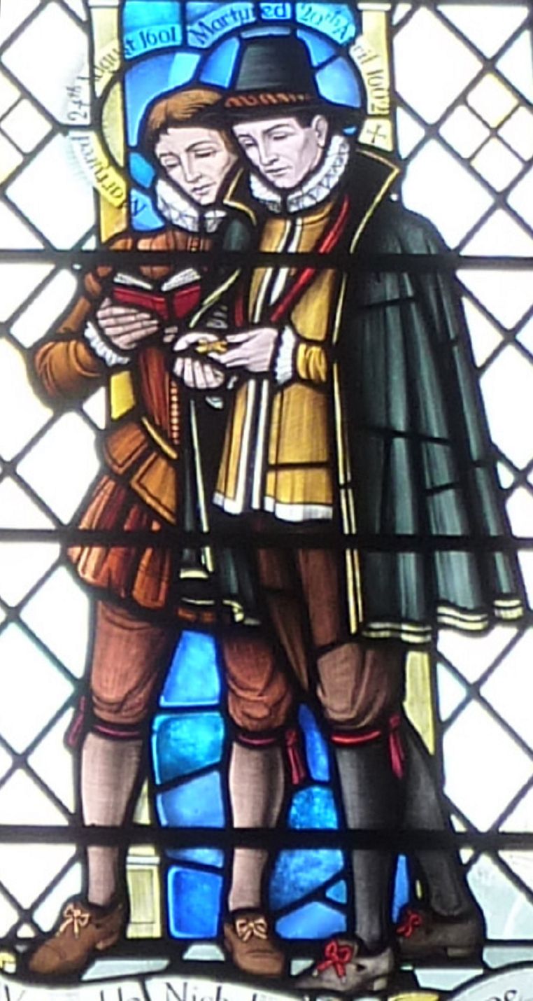 Glasfenster: Thomas Tichborne (rechts) und sein Bruder, der Märtyrer Nicholas Tichborne, in der St Peter's Catholic Church in Winchester
