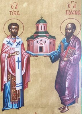 Titus (links) und Paulus, Ikone &bdquo;Alle heiligen Kretas&rdquo; (Ausschnitt), in der neuen Menas-Kathedrale in Iraklio