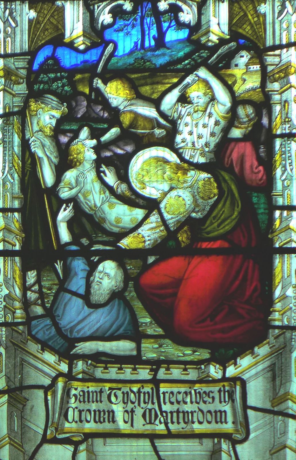 Glasfenster: Tudfuls Martyrium, in der Kathedrale in Llandaff, dem Stadtteil in Cardiff in Wales