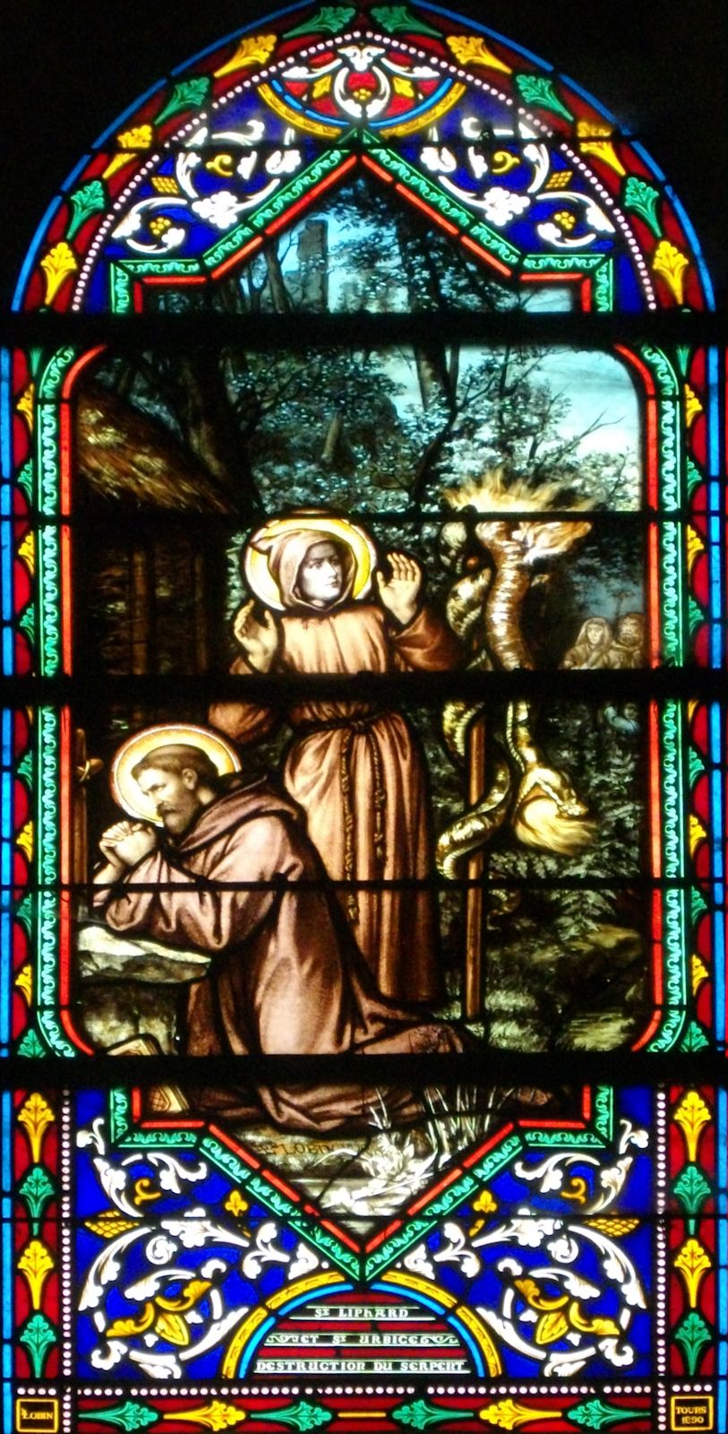 Glasfenster: Livarius (stehend) und Urbicius, 1890, in der Kirche Saint-Liphard in Meung-sur-Loire bei Orléans