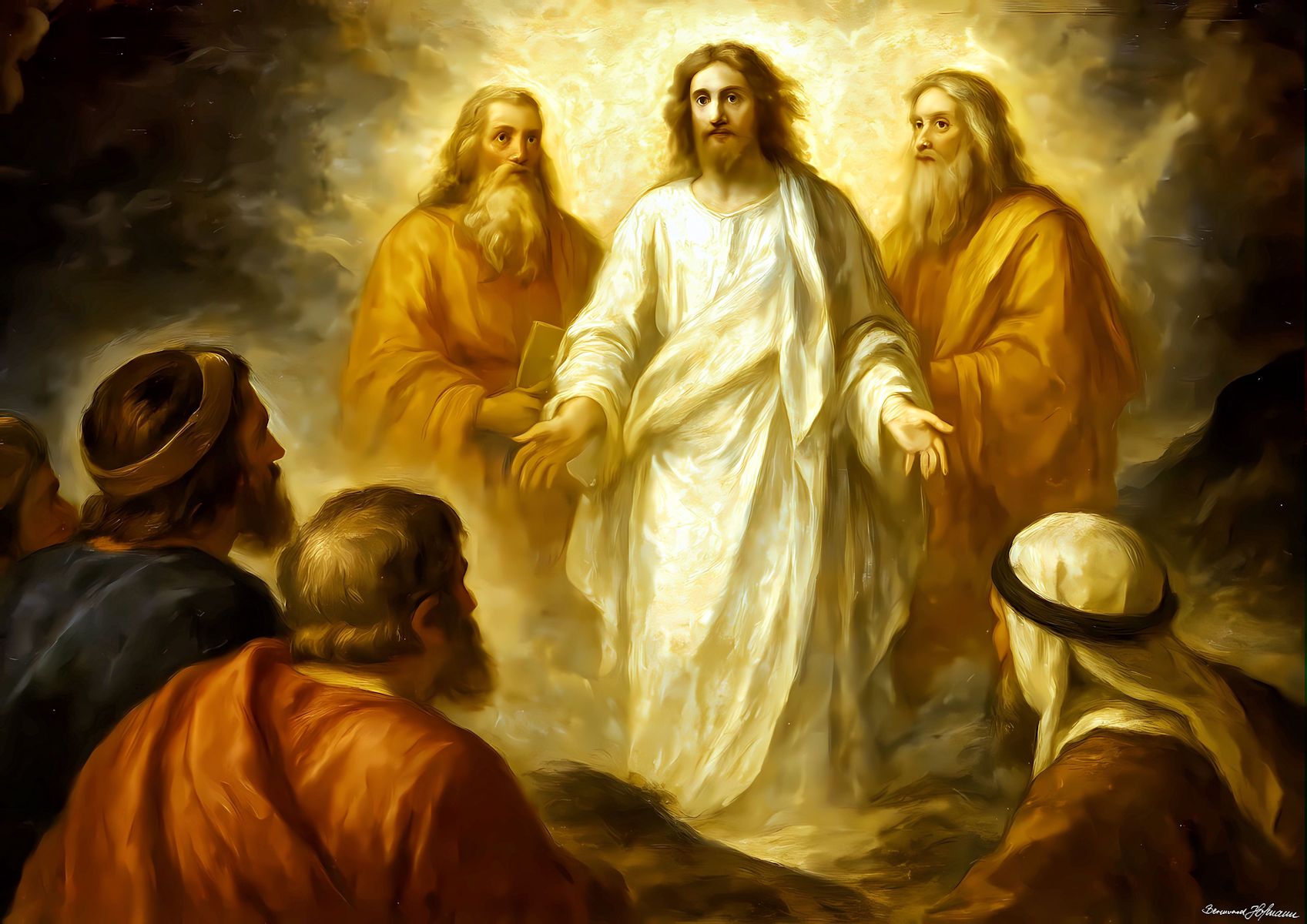 Bernward Hofmann, Priester und Hobbymaler: Verklärung Jesu, links Mose, rechts Elija, davor die drei Jünger, 2025