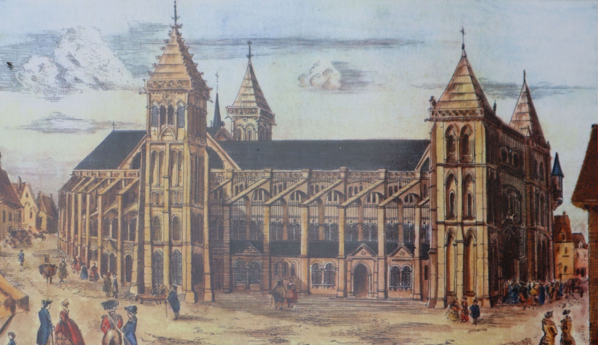 ehemalige Kirche Saint-Martin in Tours, geweiht 1014, Zeichnung auf einer Schautafel am „Turm Charlemagne”