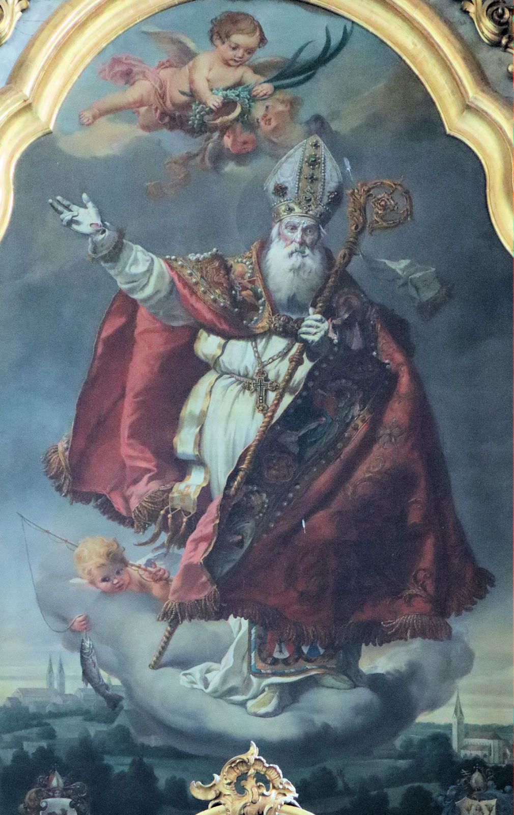 Anton Ranzinger: Zeno mit Freisinger Dom (links) und der Kirche in Isen (rechts), 1904, Hochaltarbild in der Kirche in Isen